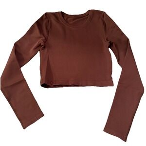 NEW OQQ‎ Small Women's Crop Top Long Sleeve Round Neck Fitted Top Brown NWOT